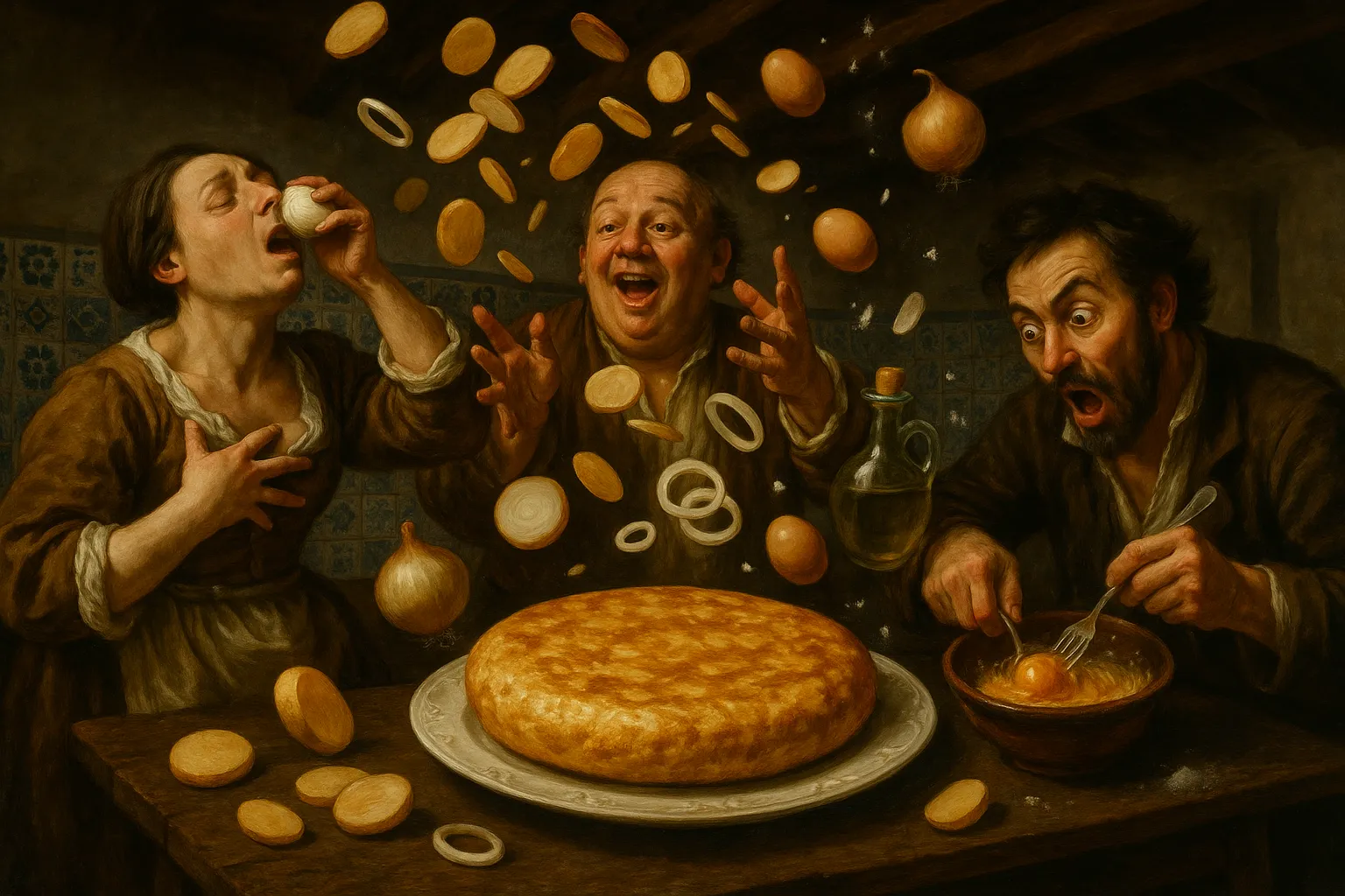 Composición final humorística de Spanish Omelette (Tortilla de Patatas) con Potatoes (Kennebec or Monalisa type), Free-range eggs (size L), Onion, Extra virgin olive oil (for frying), Fine salt