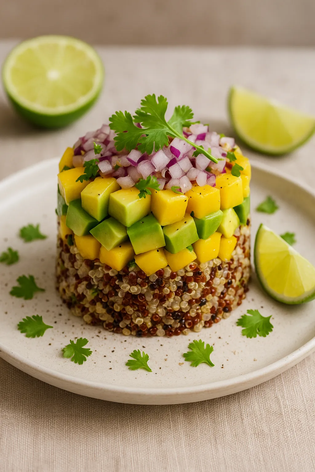 Finished and plated dish: Vegan Andean Quinoa Timball with Avocado and Mango