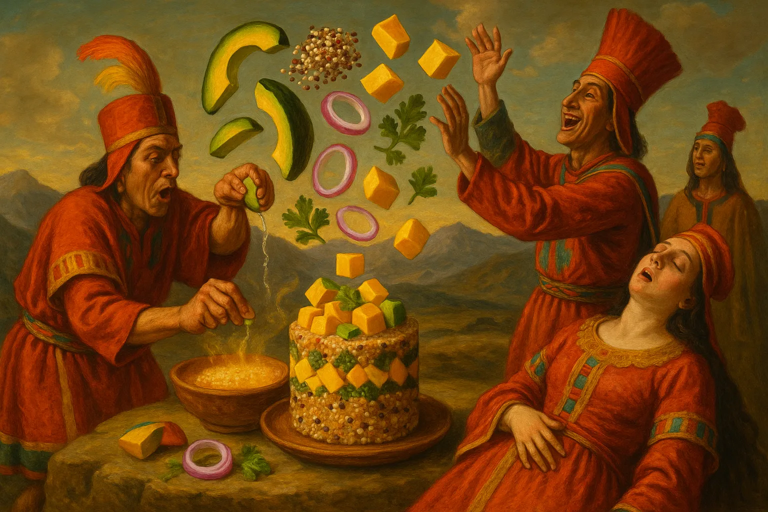 Composición final humorística de Vegan Andean Quinoa Timball with Avocado and Mango con Tricolor Quinoa (or white), Ripe Avocado, Mango (perfectly ripe), Red onion, Fresh cilantro