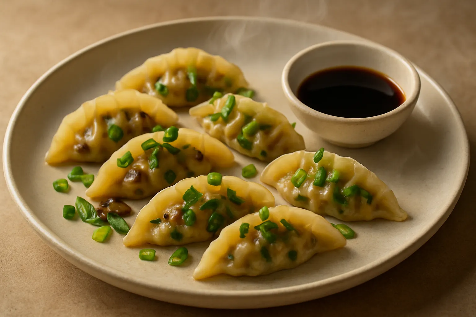 Finished and plated dish: Vegan Steamed Mushroom and Pak Choi Gyozas