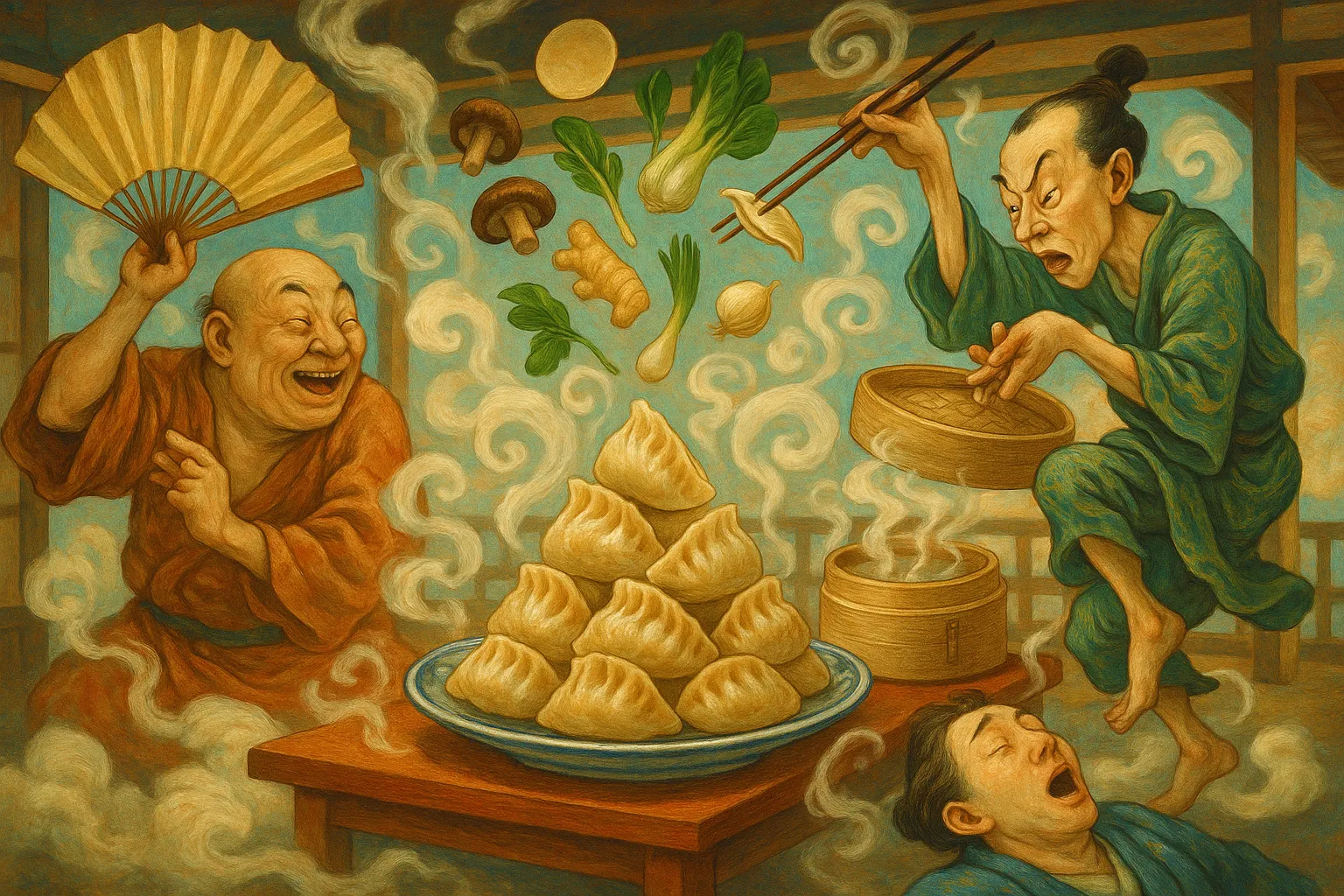 Composición final humorística de Vegan Steamed Mushroom and Pak Choi Gyozas con Gyoza wrappers, Fresh shiitake mushrooms, Pak choi, Spring onion (green part included), Fresh ginger