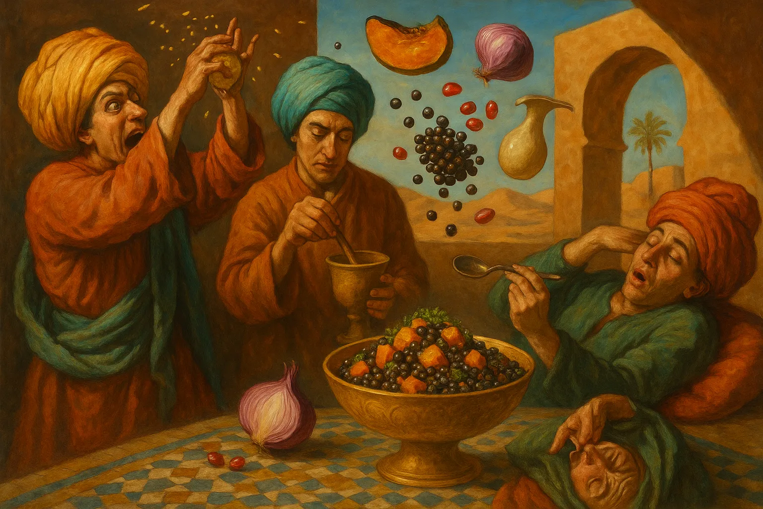 Composición final humorística de Vegan Warm Lentil Salad with Roasted Butternut Squash and Citrus Tahini con Beluga lentils (or pardina), Butternut squash, Red onion, Fresh pomegranate, Fresh parsley