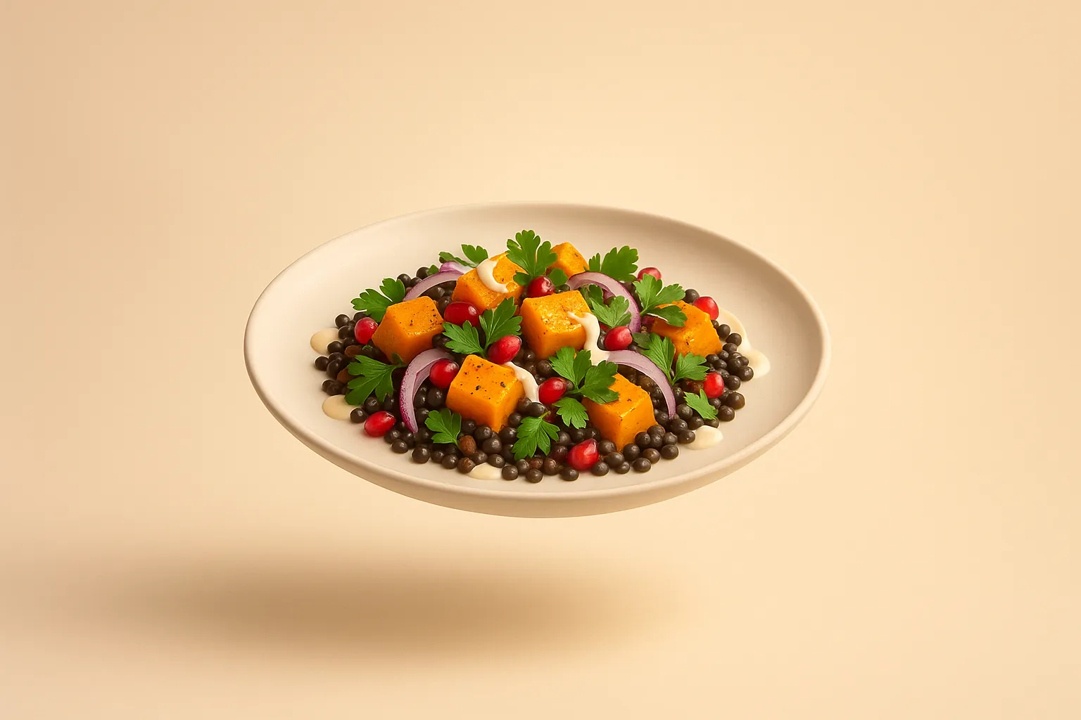 Portada de la receta Ensalada templada de lentejas con calabaza asada y tahini cítrico