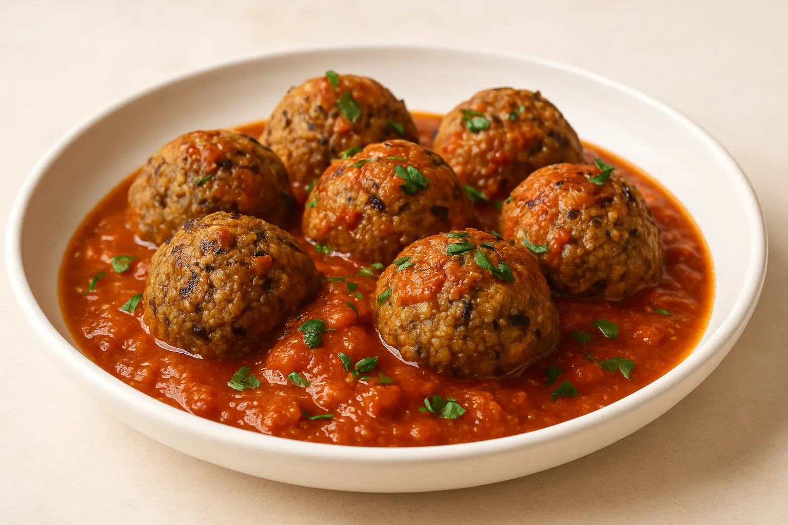 Finished and plated dish: Aubergine Meatballs with Spiced Tomato Sauce