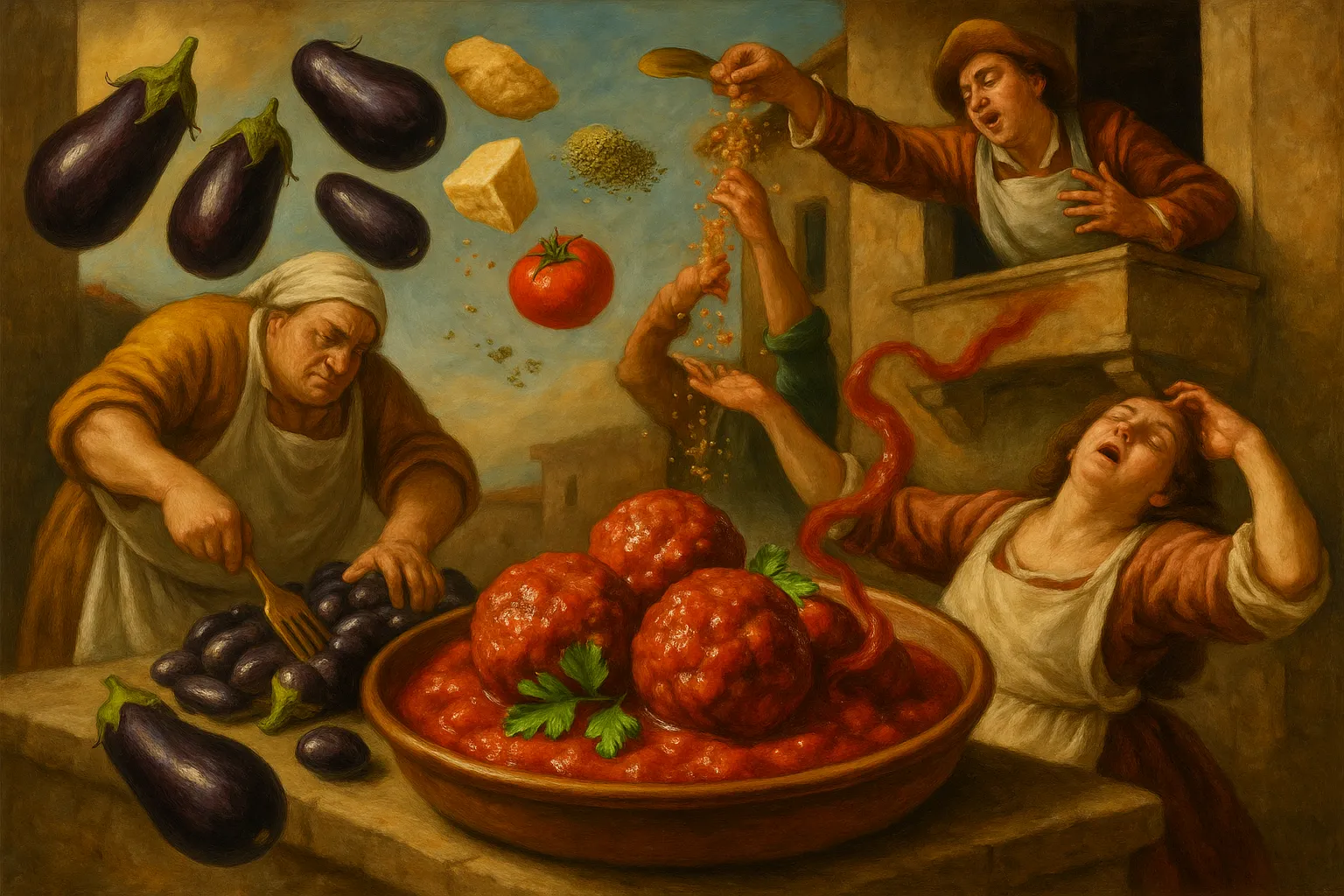 Composición final humorística de Aubergine Meatballs with Spiced Tomato Sauce con Firm aubergines, Whole wheat breadcrumbs, Parmesan Cheese (or Grana Padano), Egg L, Garlic