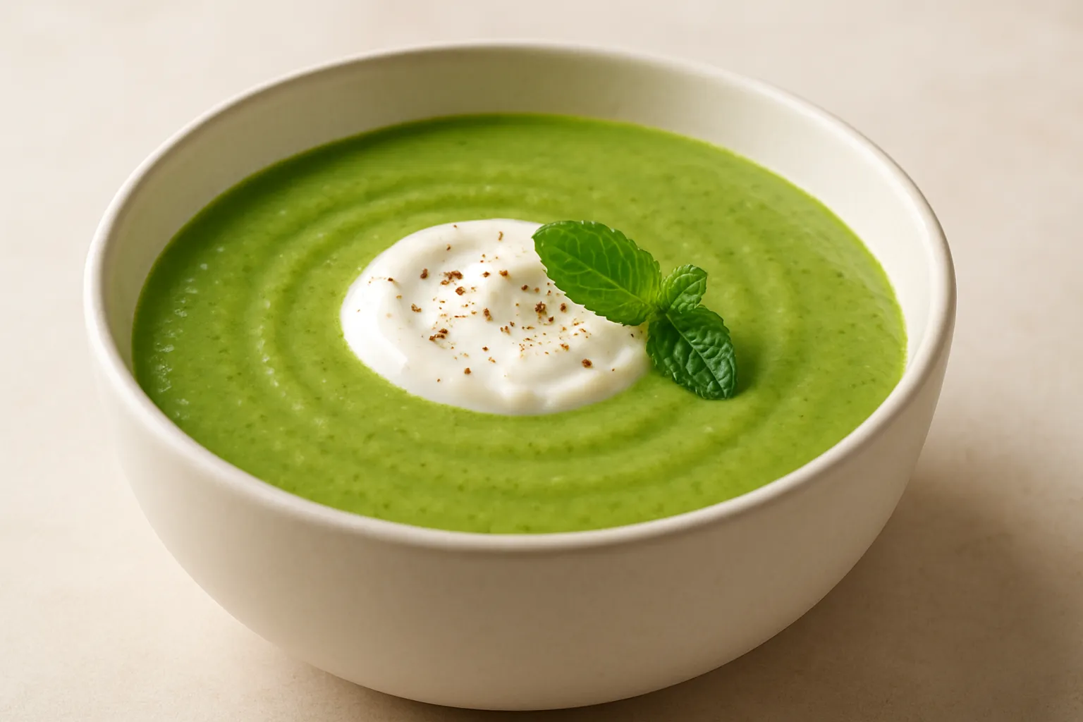 Finished and plated dish: Cold Pea Cream with Mint and Yogurt