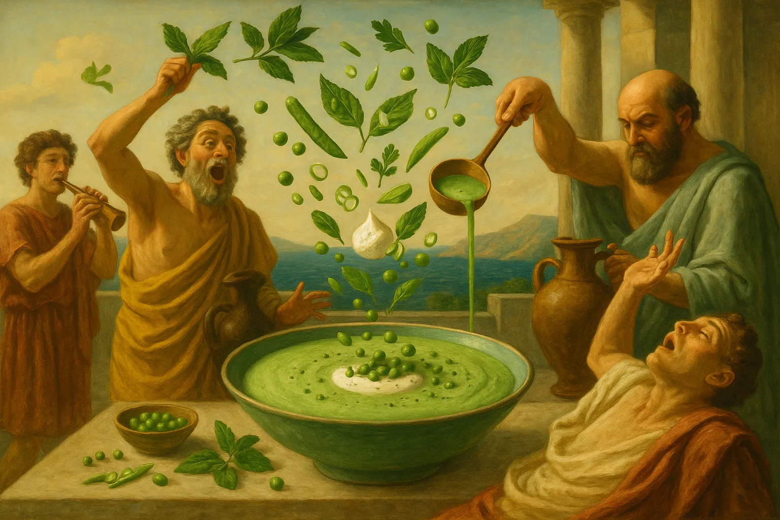 Composición final humorística de Cold Pea Cream with Mint and Yogurt con Fine ultra-frozen peas, Natural Greek yogurt (or coconut), Vegetable broth (homemade or organic), Spring onion (scallion), Fresh mint