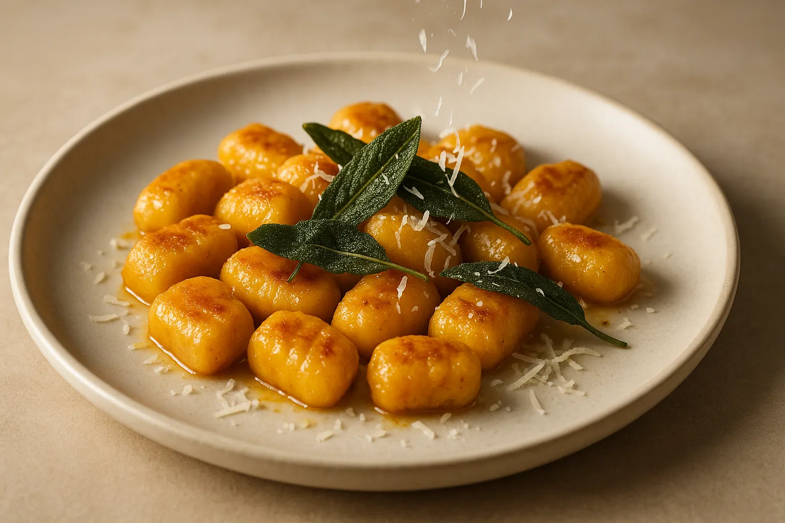 Finished and plated dish: Homemade Pumpkin Gnocchi with Sage and Noisette Butter