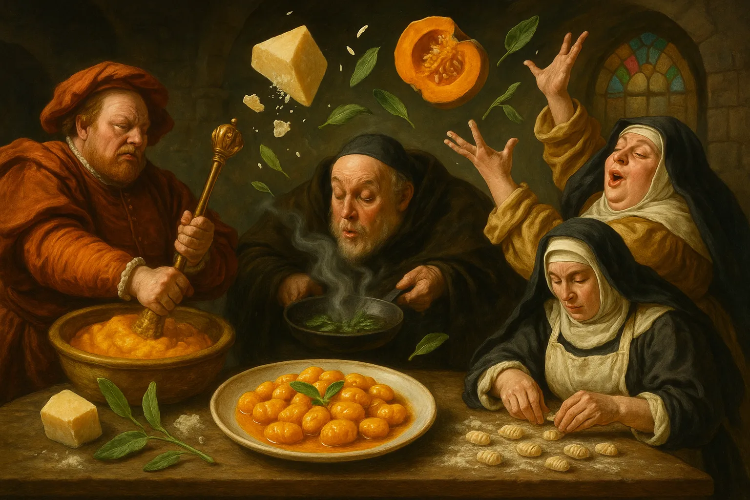 Composición final humorística de Homemade Pumpkin Gnocchi with Sage and Noisette Butter con Pumpkin (butternut/peanut type), Wheat flour (or spelt), Grated Parmesan cheese, Egg (yolk only for more softness), Butter