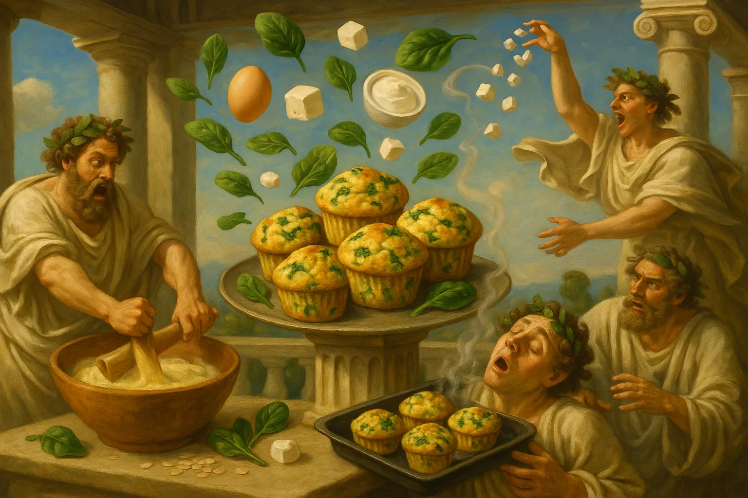 Composición final humorística de Savory Spinach and Feta Muffins con Fresh spinach, L Eggs, Feta Cheese (authentic Greek), Natural yogurt (or Greek), Fine oat flakes (or oat flour)