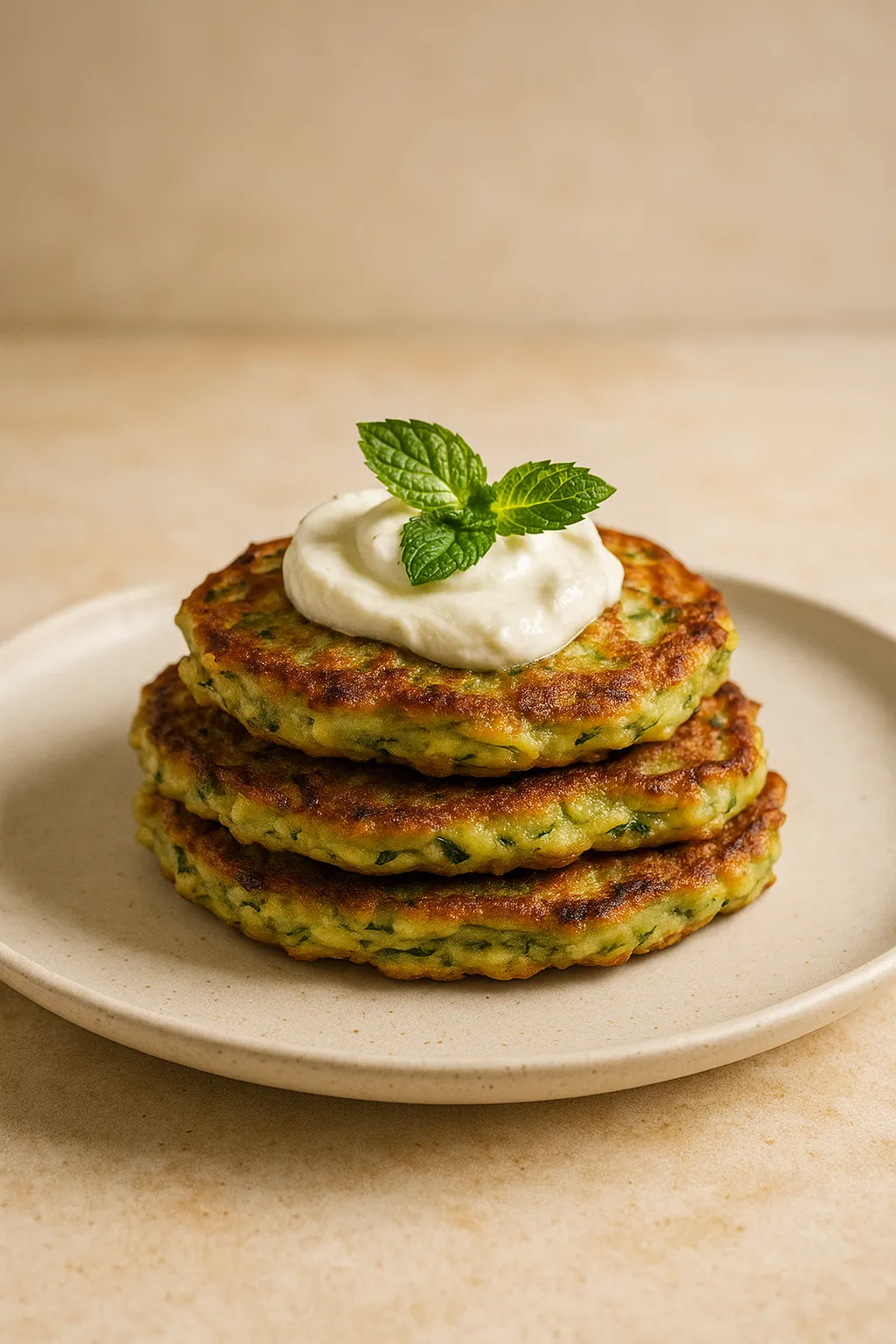Finished and plated dish: Zucchini Fritters with Labneh and Mint