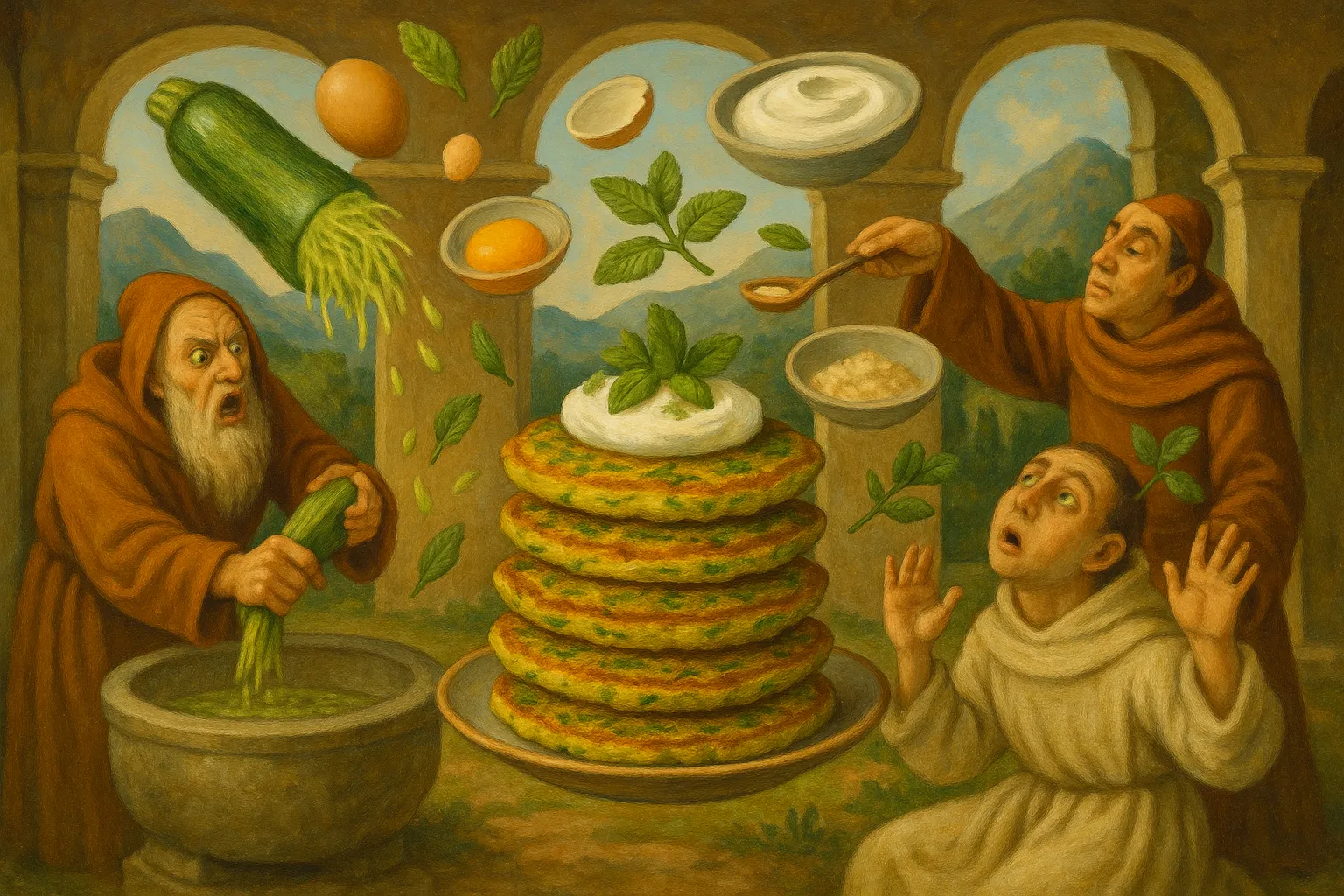 Composición final humorística de Zucchini Fritters with Labneh and Mint con Fresh zucchini, L Eggs, Oat flour (or whole wheat), Red onion, Labneh (or thick Greek yogurt)