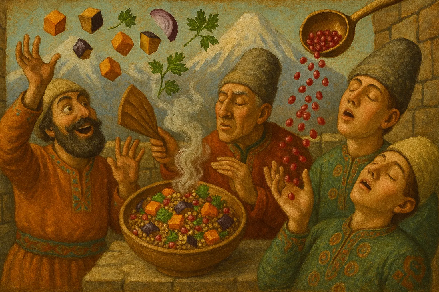 Composición final humorística de Warm Buckwheat Salad with Roasted Vegetables and Pomegranate con Buckwheat (whole grain), Pumpkin (peeled and diced), Eggplant (with skin, diced), Red pepper, Red onion