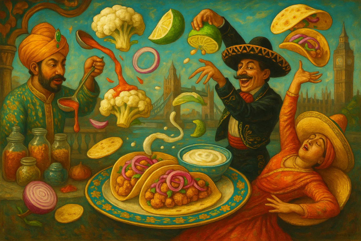 Composición final humorística de Tandoori-style Cauliflower Tacos with Lime Yogurt con Cauliflower, Plain yogurt, Tandoori spices, Turmeric, Ground cumin