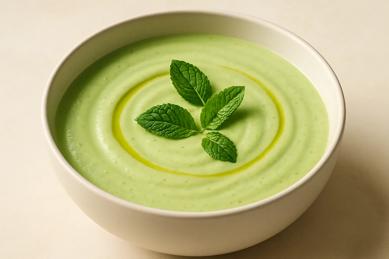 Finished and plated dish: Cold Cucumber, Avocado, and Mint Soup