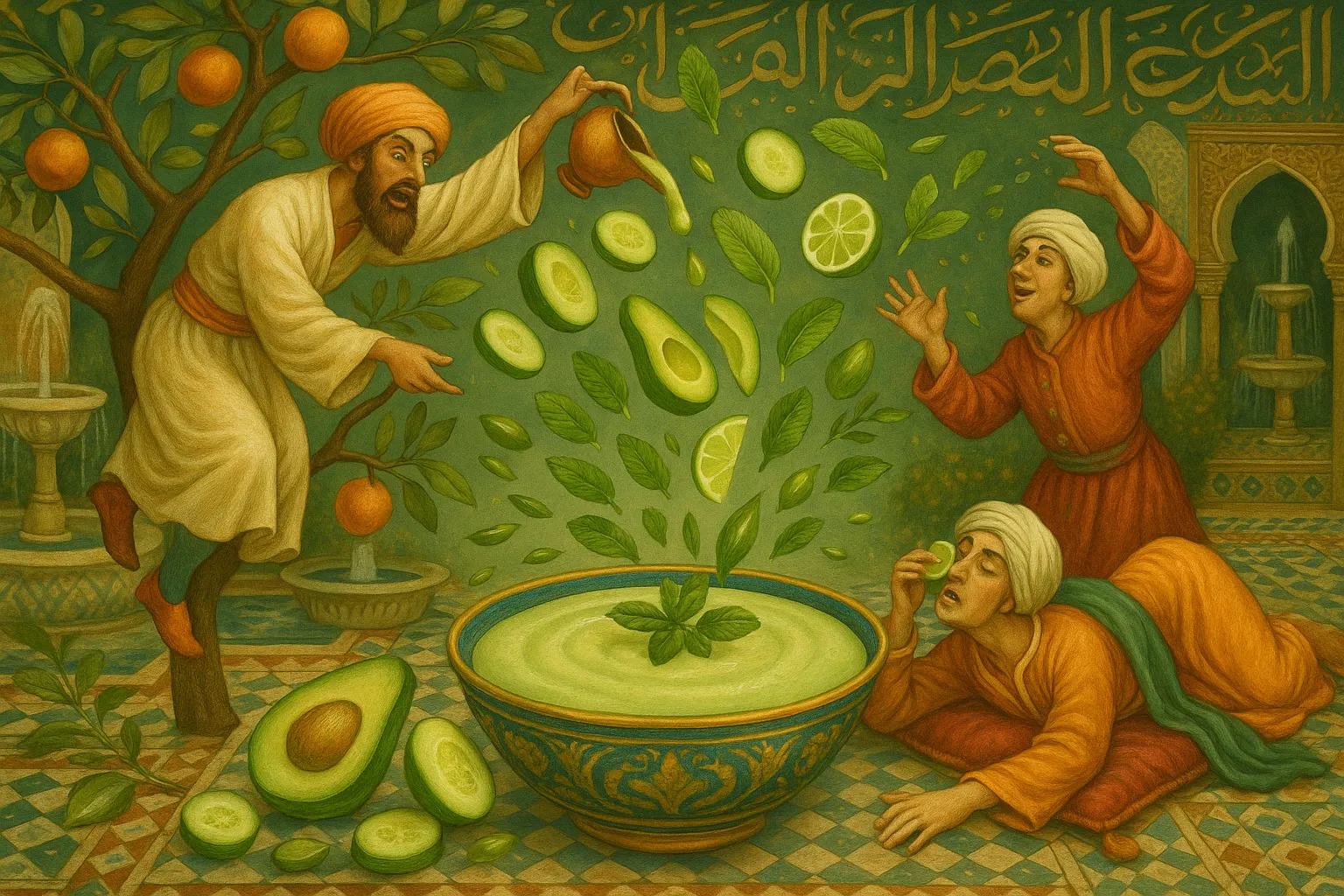 Composición final humorística de Cold Cucumber, Avocado, and Mint Soup con Cucumber, Ripe avocado, Lime juice, Fresh mint leaves, Extra virgin olive oil