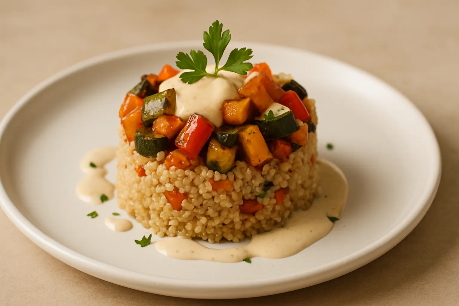 Finished and plated dish: Quinoa Timbale with Roasted Vegetables and Tahini-Lemon Dressing