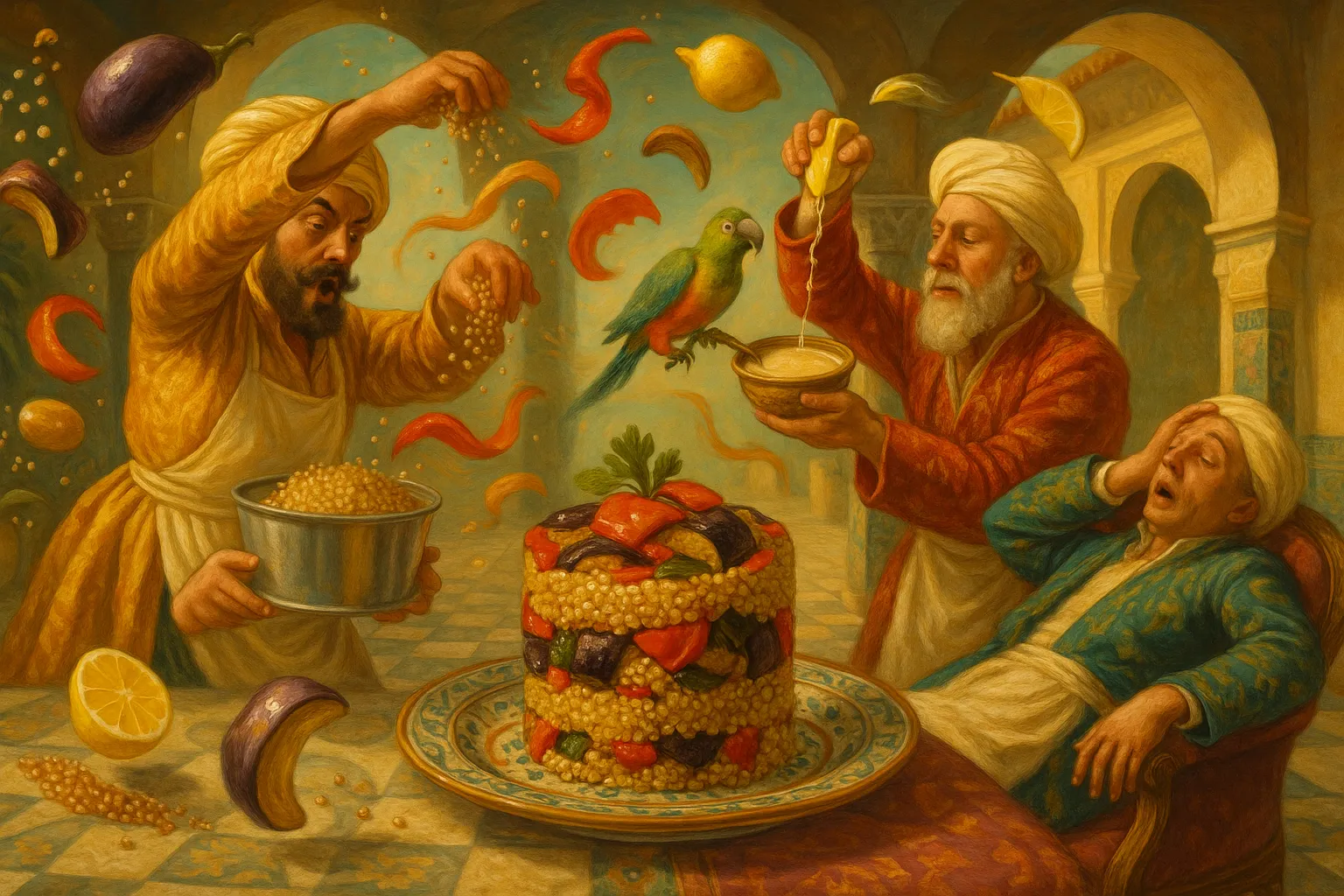 Composición final humorística de Quinoa Timbale with Roasted Vegetables and Tahini-Lemon Dressing con Cooked quinoa, Eggplant, Red pepper, Zucchini, Extra virgin olive oil