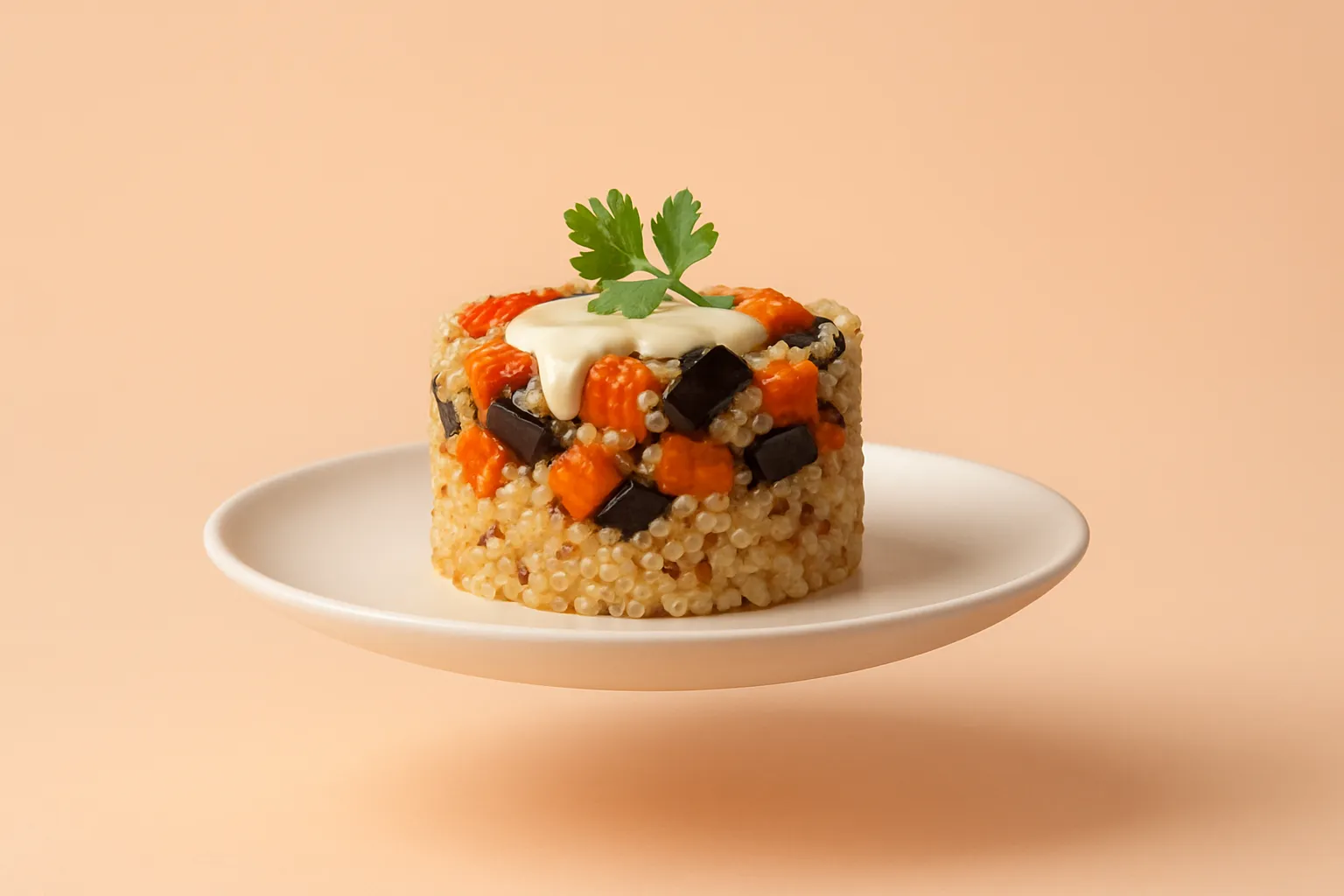 Portada de la receta Timbal de quinoa con verduras asadas y aliño de tahini-limón