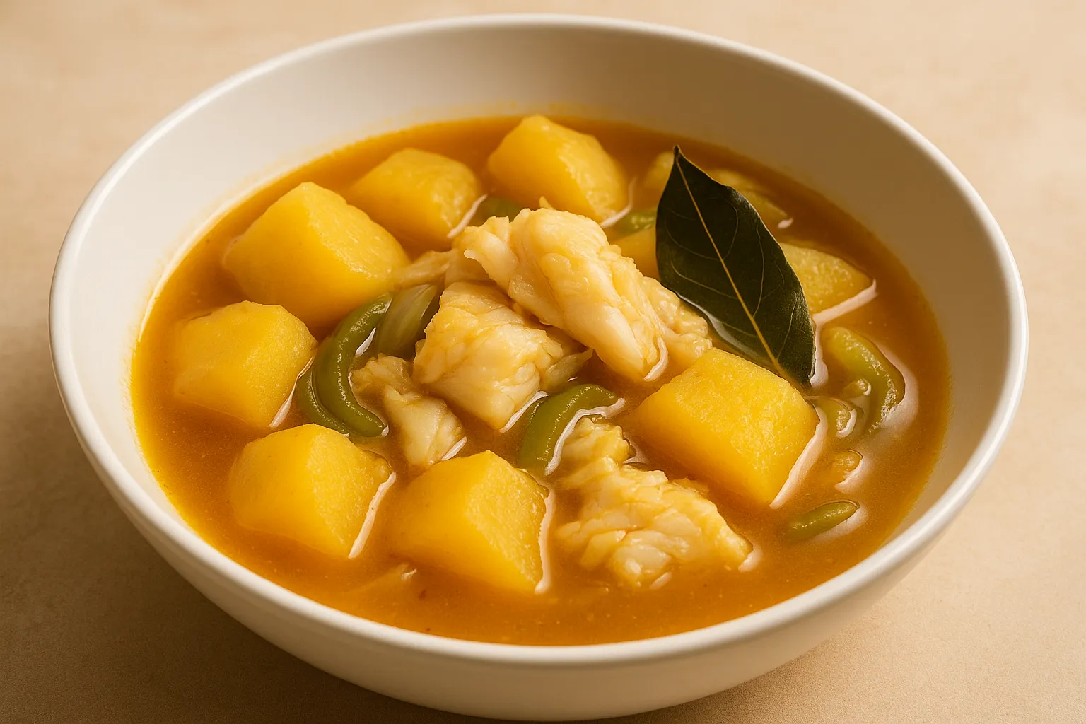 Finished and plated dish: Stewed Potatoes with Cod and Bay Leaf