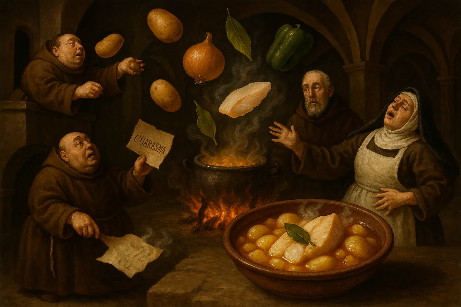 Composición final humorística de Stewed Potatoes with Cod and Bay Leaf con Potatoes, Desalted cod, Onion, Garlic, Green pepper