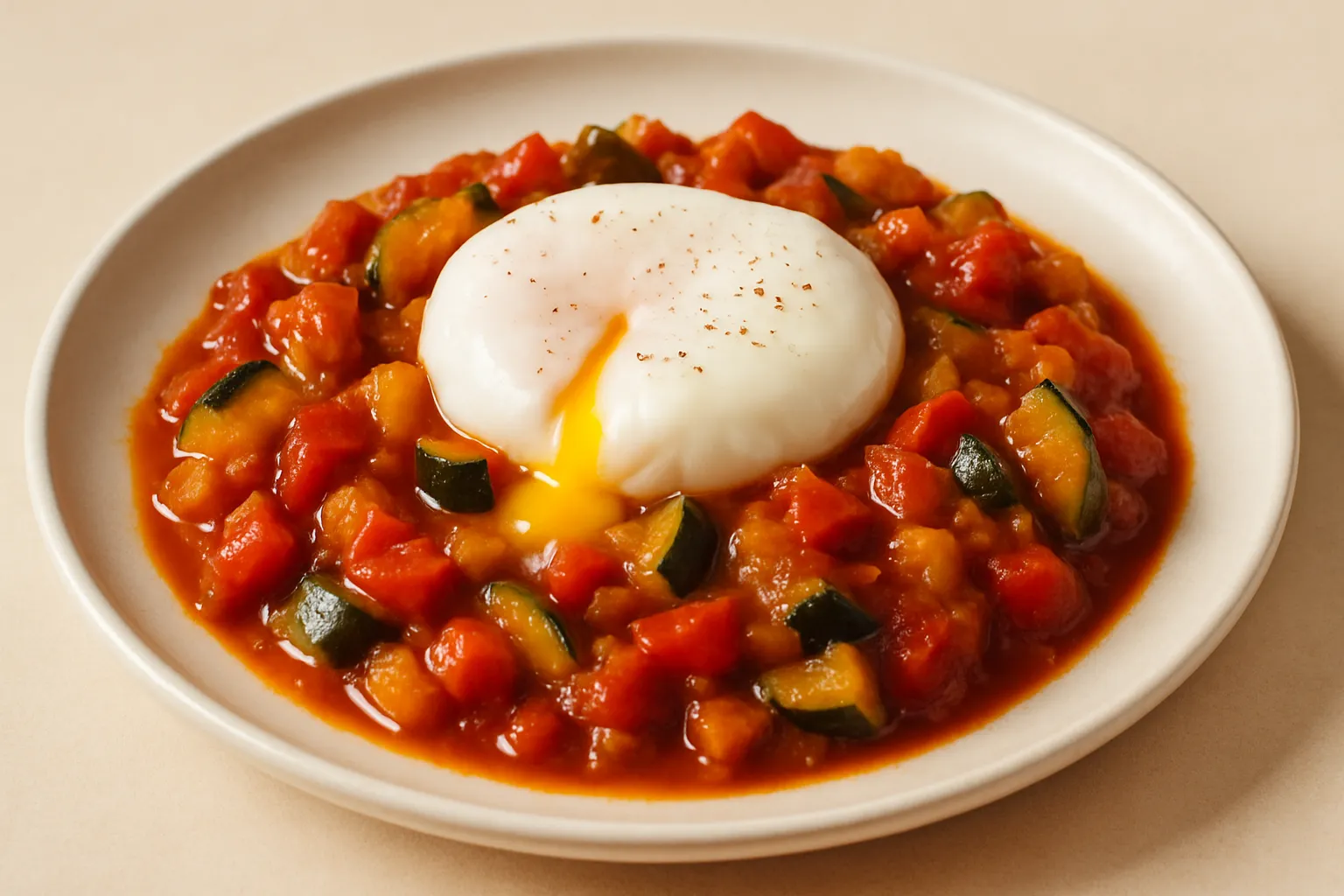 Finished and plated dish: Manchego Ratatouille with Poached Egg