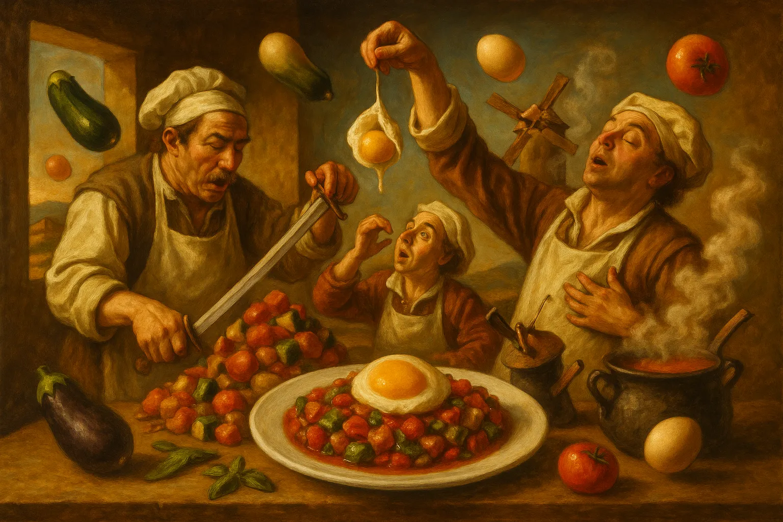 Composición final humorística de Manchego Ratatouille with Poached Egg con Zucchini, Eggplant, Red pepper, Green pepper, Onion