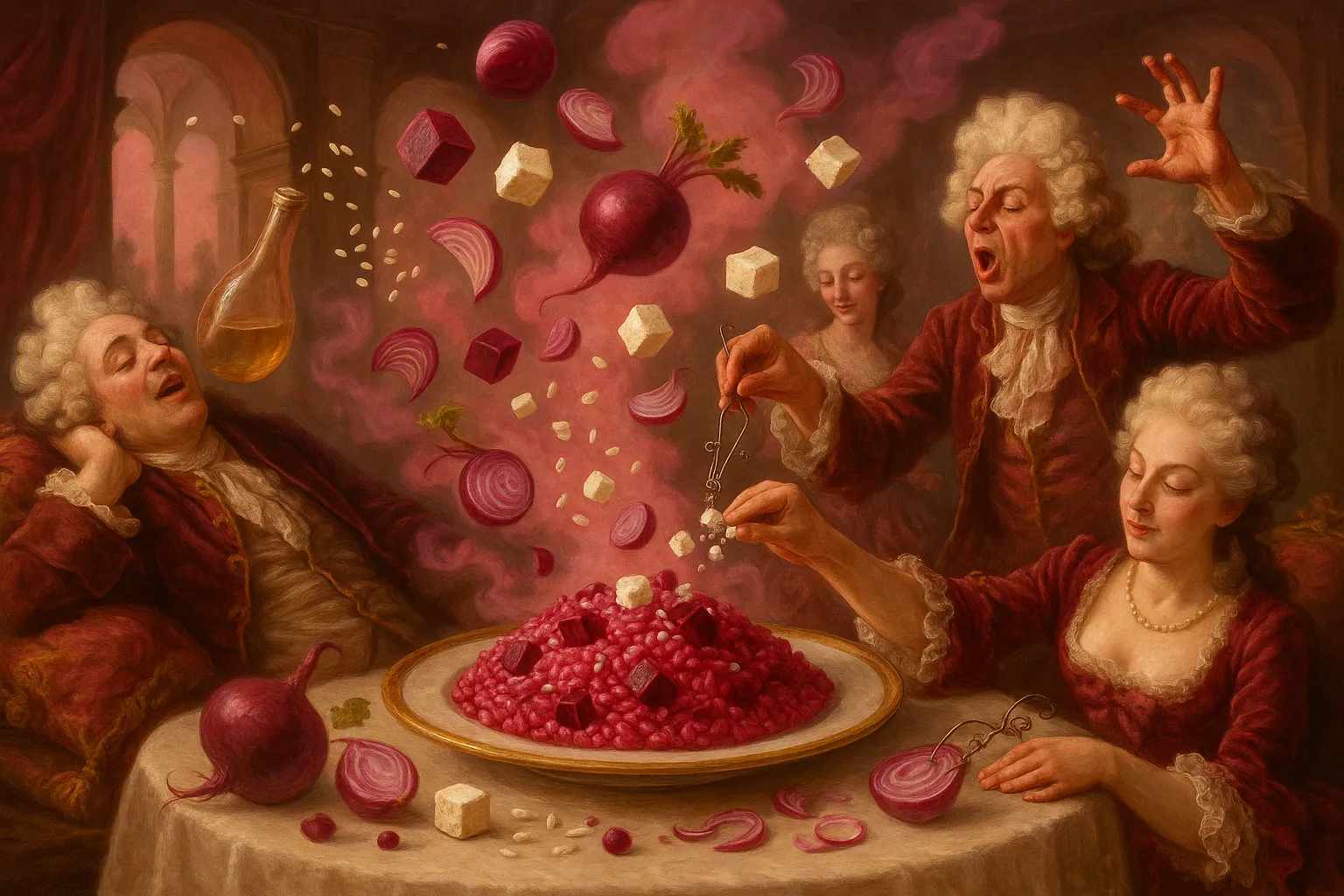 Composición final humorística de Beetroot and Goat Cheese Risotto con Arborio rice, Cooked beetroot, Goat cheese, Red onion, Vegetable broth