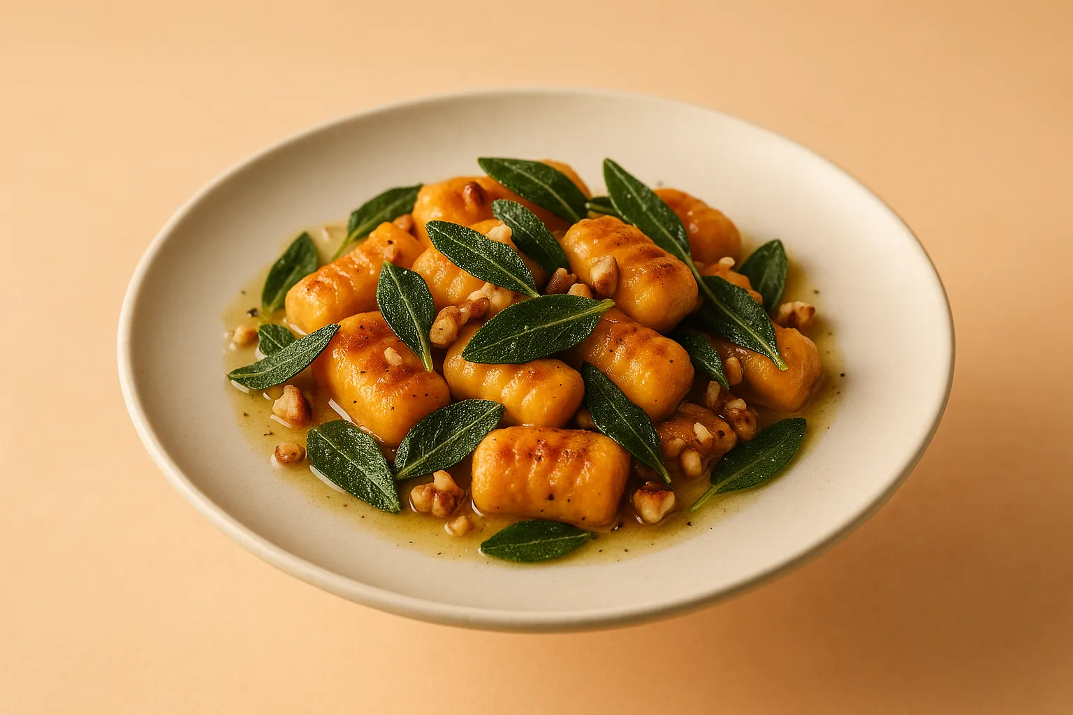 Finished and plated dish: Sweet Potato Gnocchi with Sage and Walnut Sauce