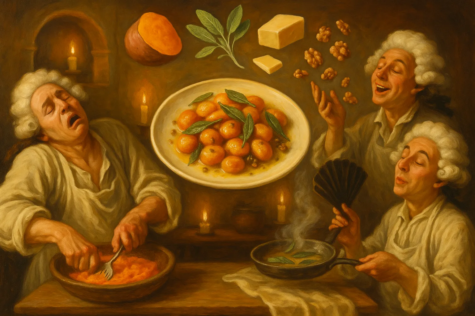 Composición final humorística de Sweet Potato Gnocchi with Sage and Walnut Sauce con Cooked sweet potato, Wheat flour, Egg yolk, Grated Parmesan cheese, Nutmeg