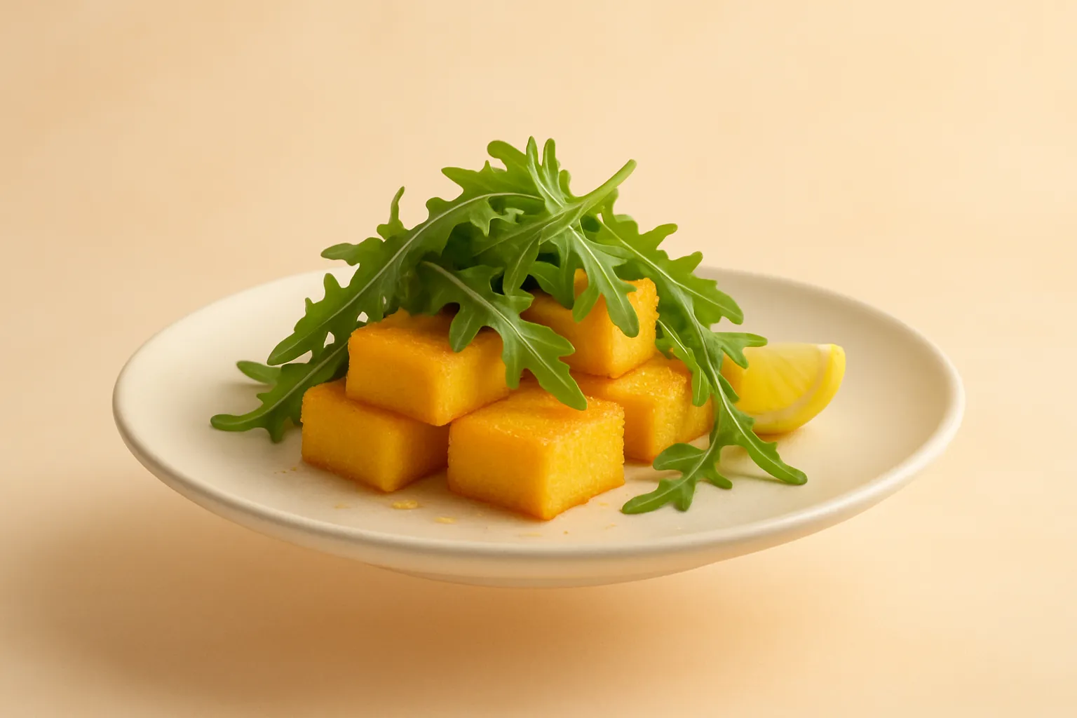 Portada de la receta Bloques dorados de polenta con rúcula y limón