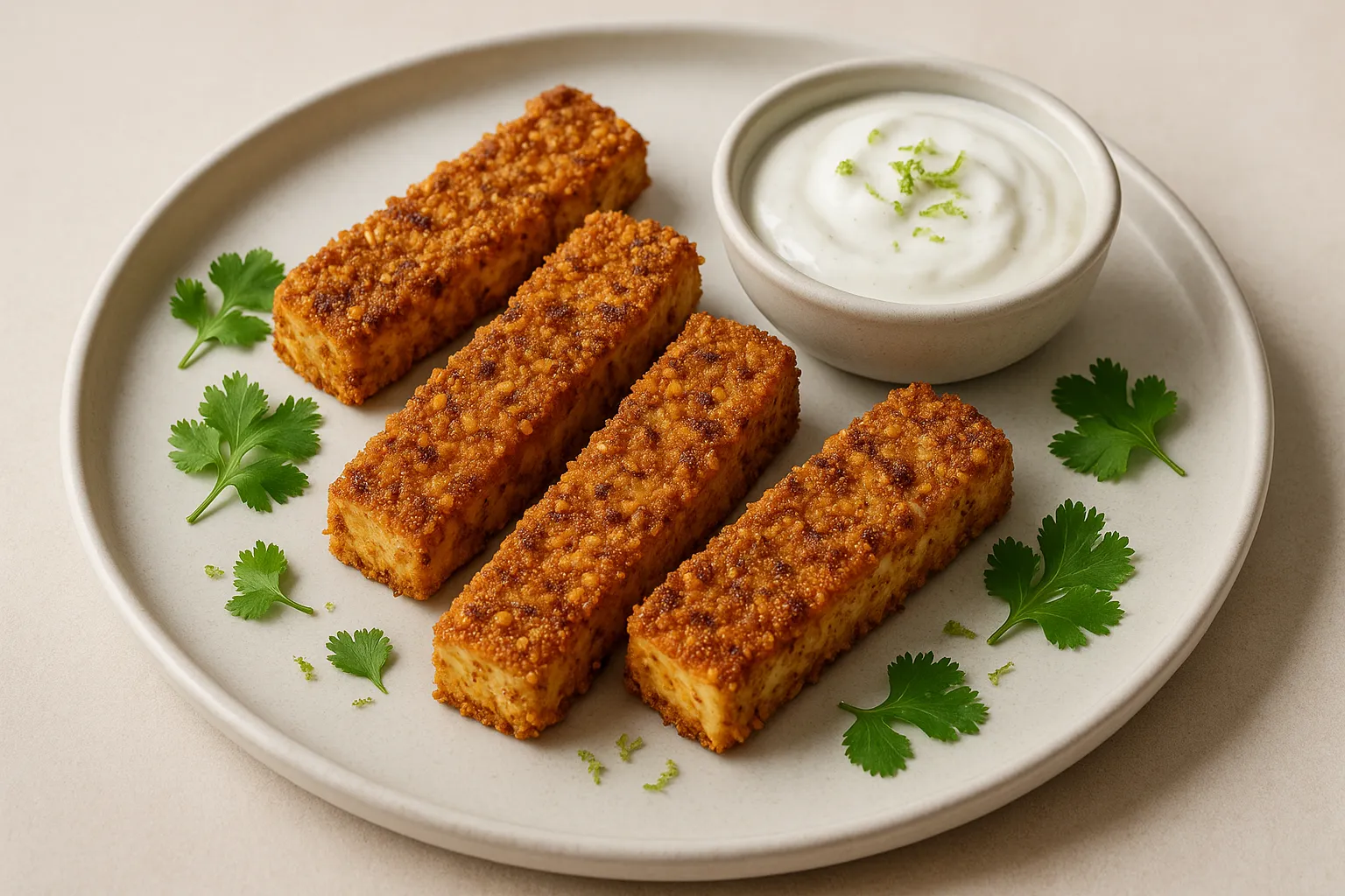 Finished and plated dish: Crispy Tofu Strips with Almond and Spice Crust