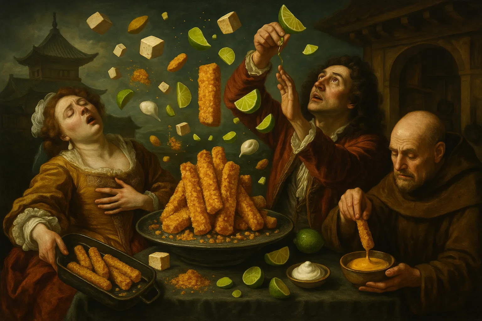 Composición final humorística de Crispy Tofu Strips with Almond and Spice Crust con Firm tofu, Rice flour, Vegetable drink (soy or oat), Mild mustard, Ground almond