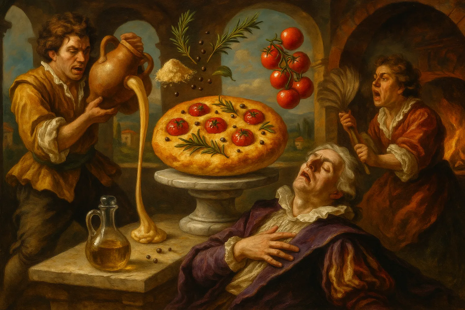 Composición final humorística de Vegan Chickpea Focaccia with Rosemary and Cherry Tomatoes con Chickpea flour, Water, Extra virgin olive oil, Salt, Black pepper