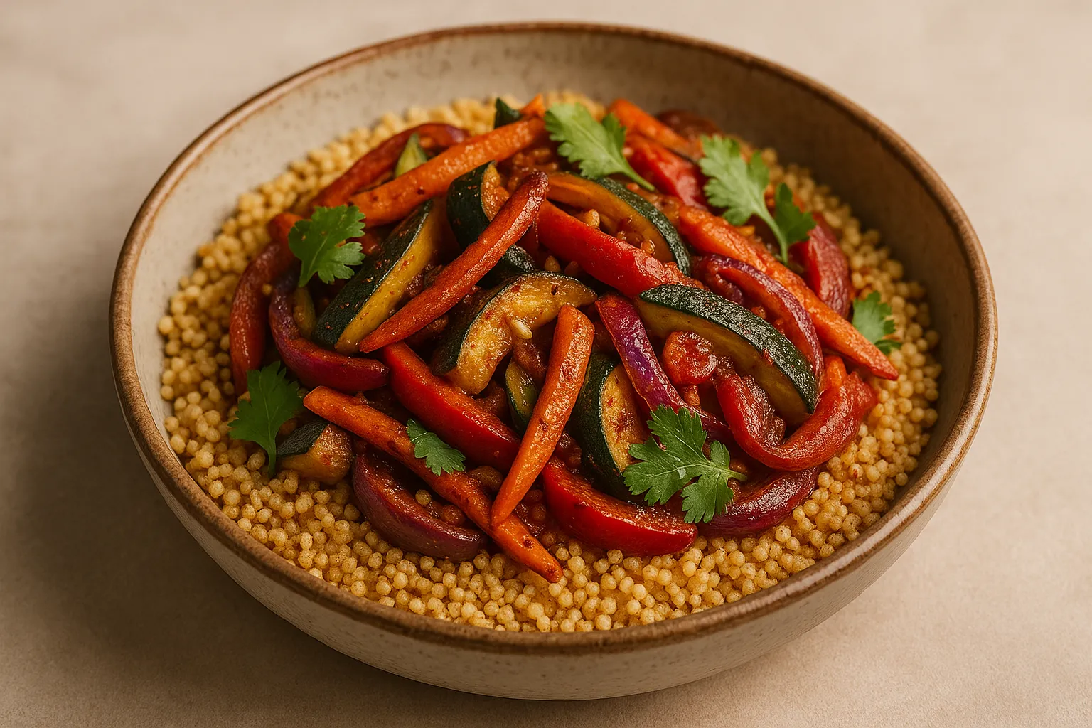 Finished and plated dish: Vegan Ethiopian Couscous with Spiced Vegetables and Berbere
