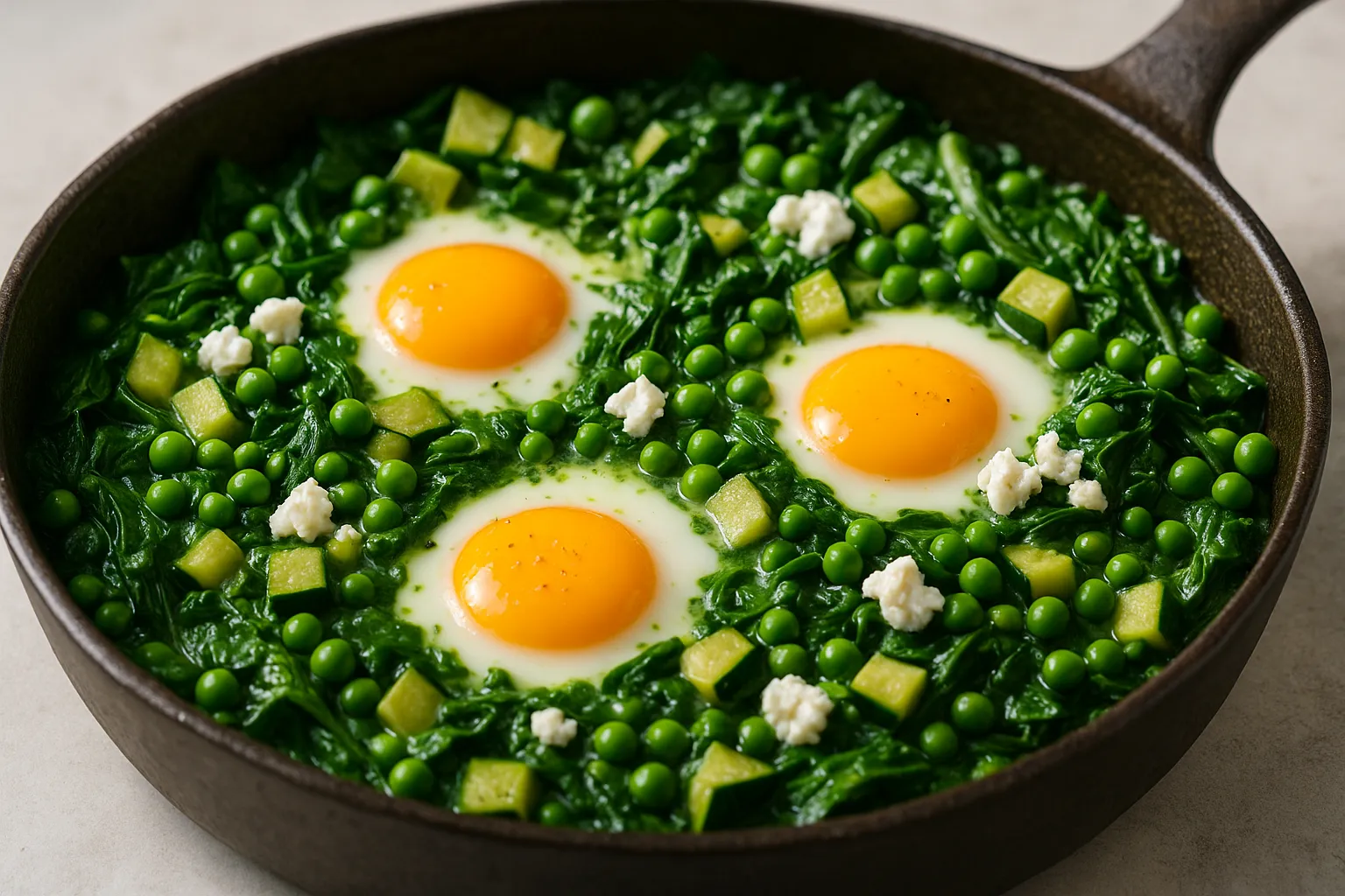Finished and plated dish: Green Shakshuka with Spinach, Peas, and Feta