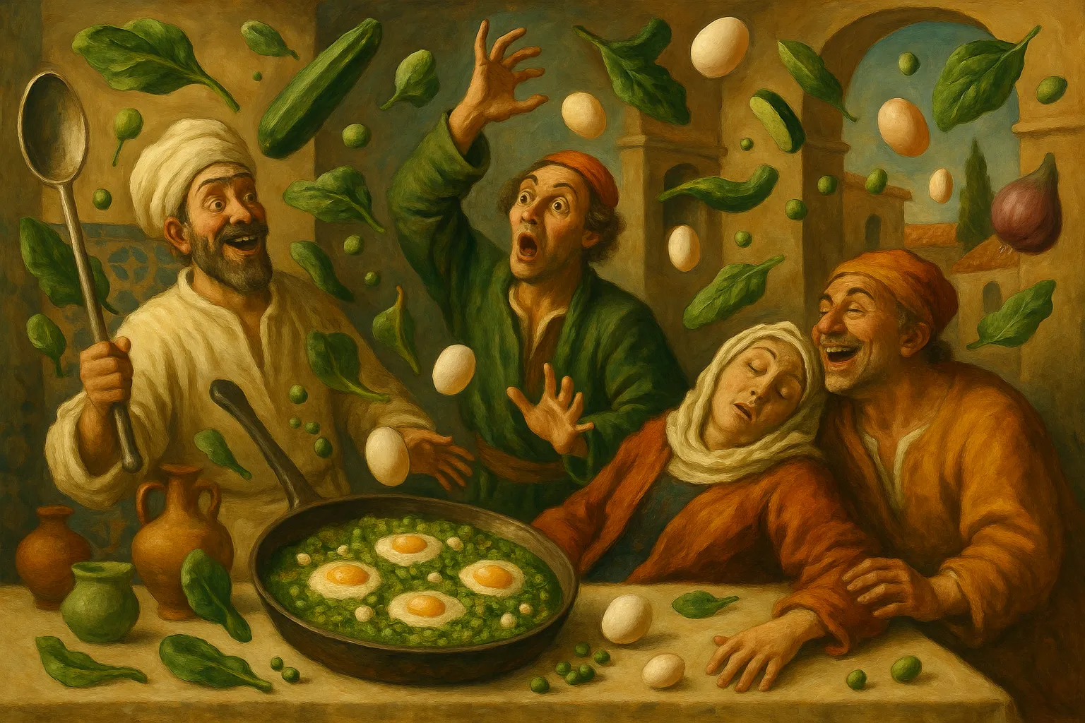 Composición final humorística de Green Shakshuka with Spinach, Peas, and Feta con red onion, garlic clove, extra virgin olive oil, zucchini, fresh spinach