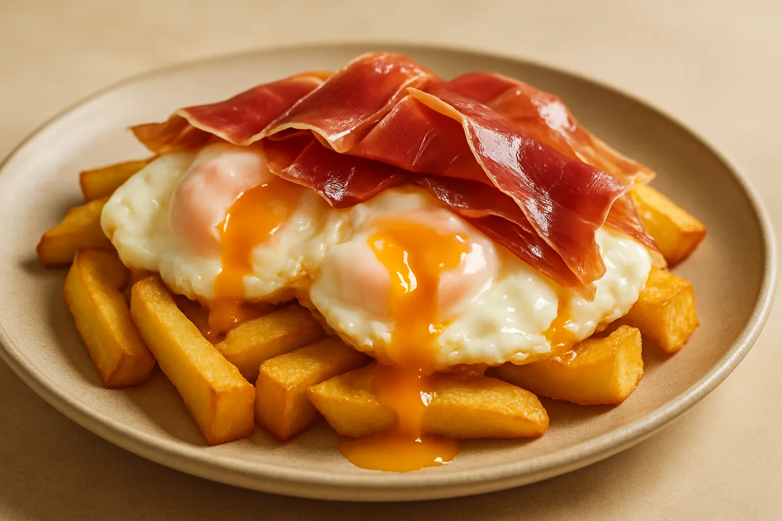 Finished and plated dish: Huevos Rotos with Ham