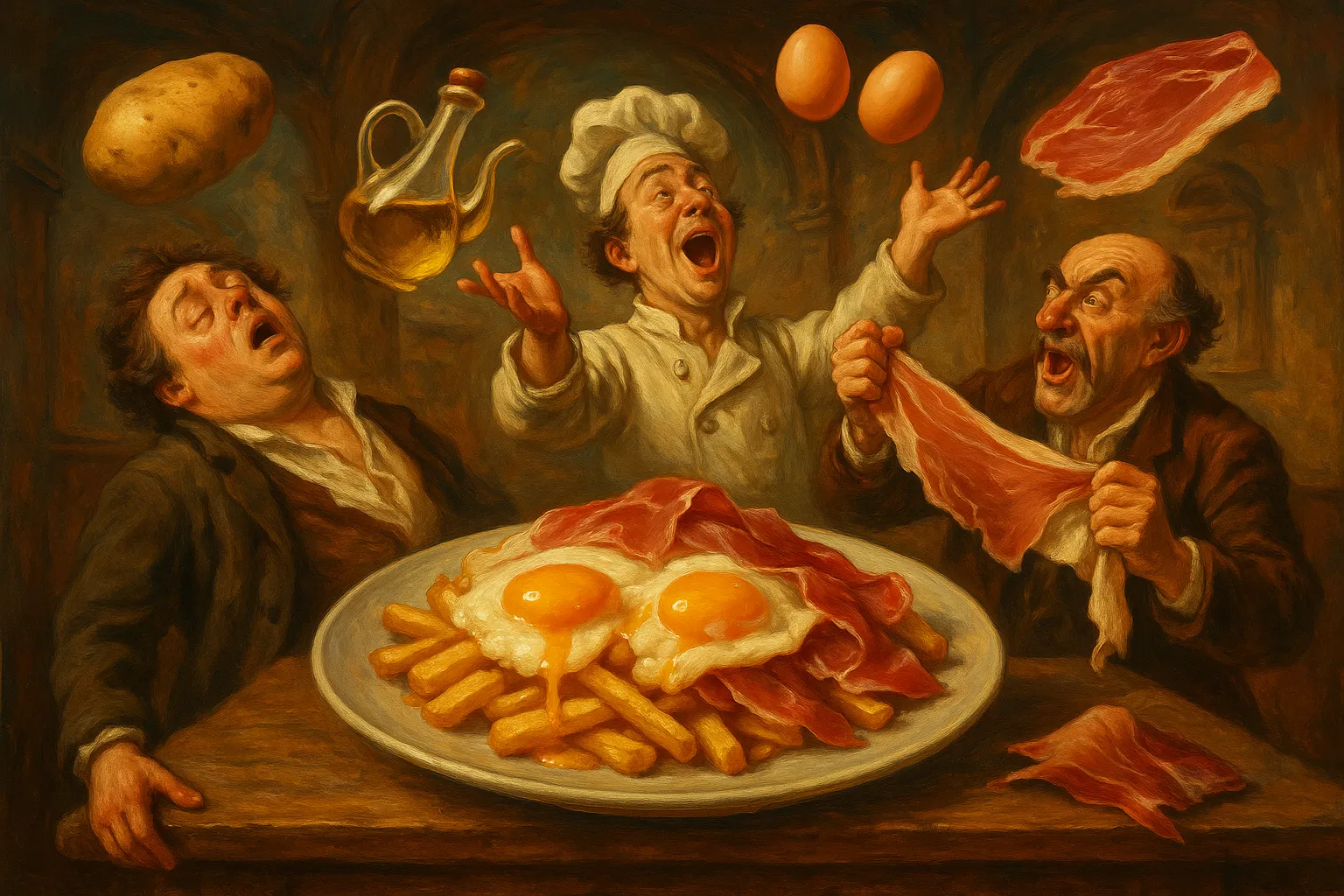 Composición final humorística de Huevos Rotos with Ham con potatoes, extra virgin olive oil, eggs, Iberian ham, salt