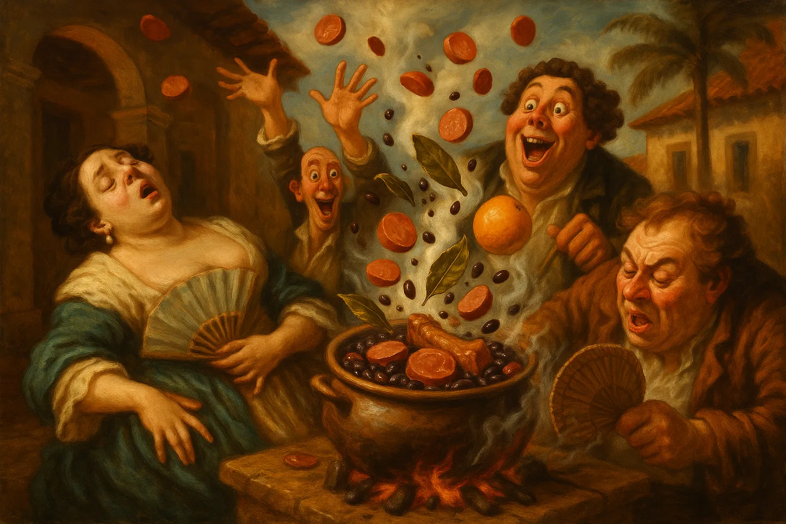 Composición final humorística de Traditional Brazilian Feijoada con black beans, pork ribs, smoked sausage, salted pork belly, onion