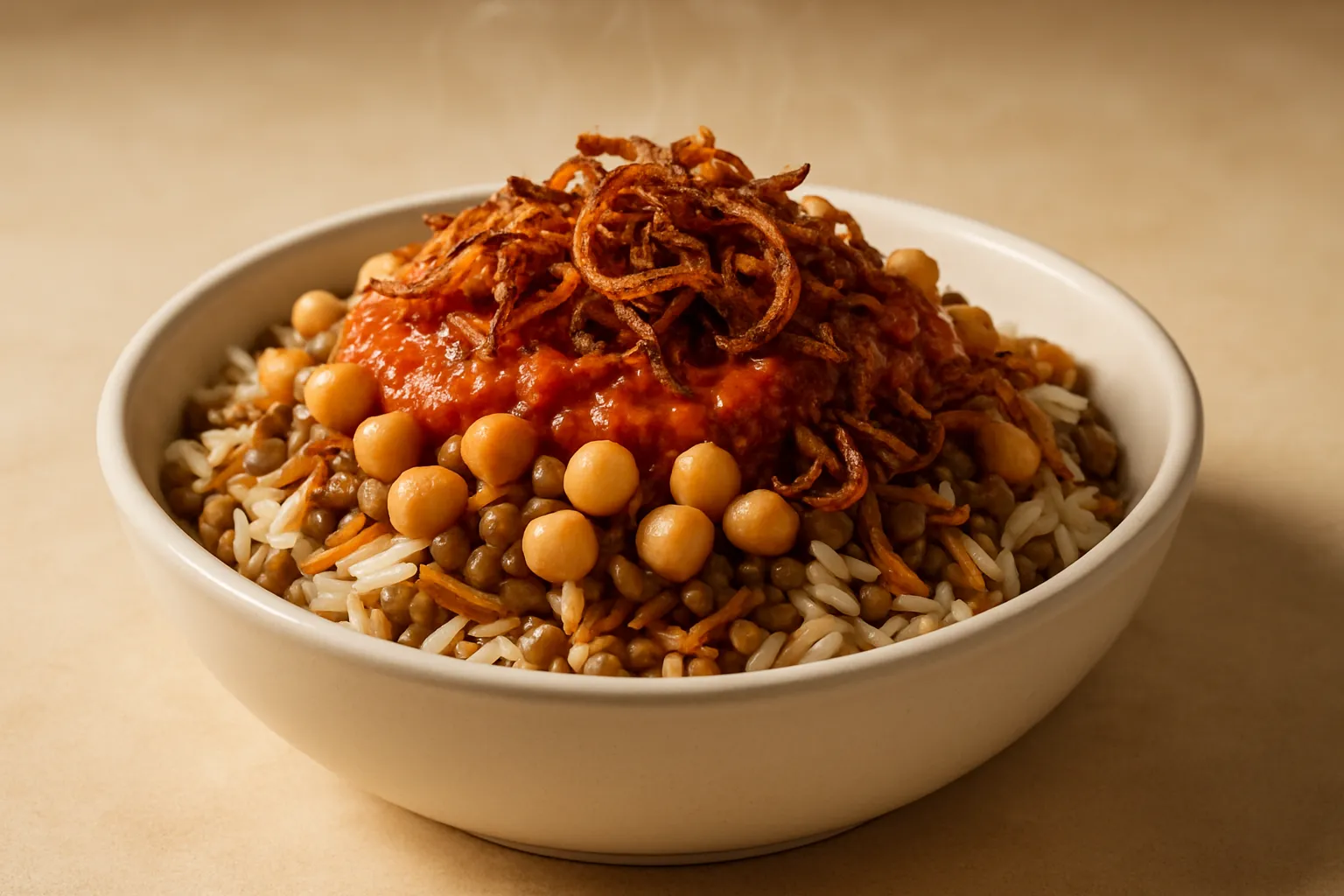 Finished and plated dish: Vegan Traditional Egyptian Koshari