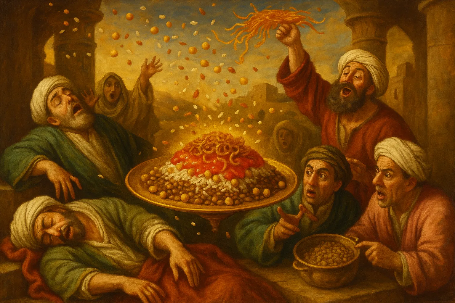 Composición final humorística de Vegan Traditional Egyptian Koshari con brown lentils, long grain white rice, salt, vermicelli noodles, vegetable oil