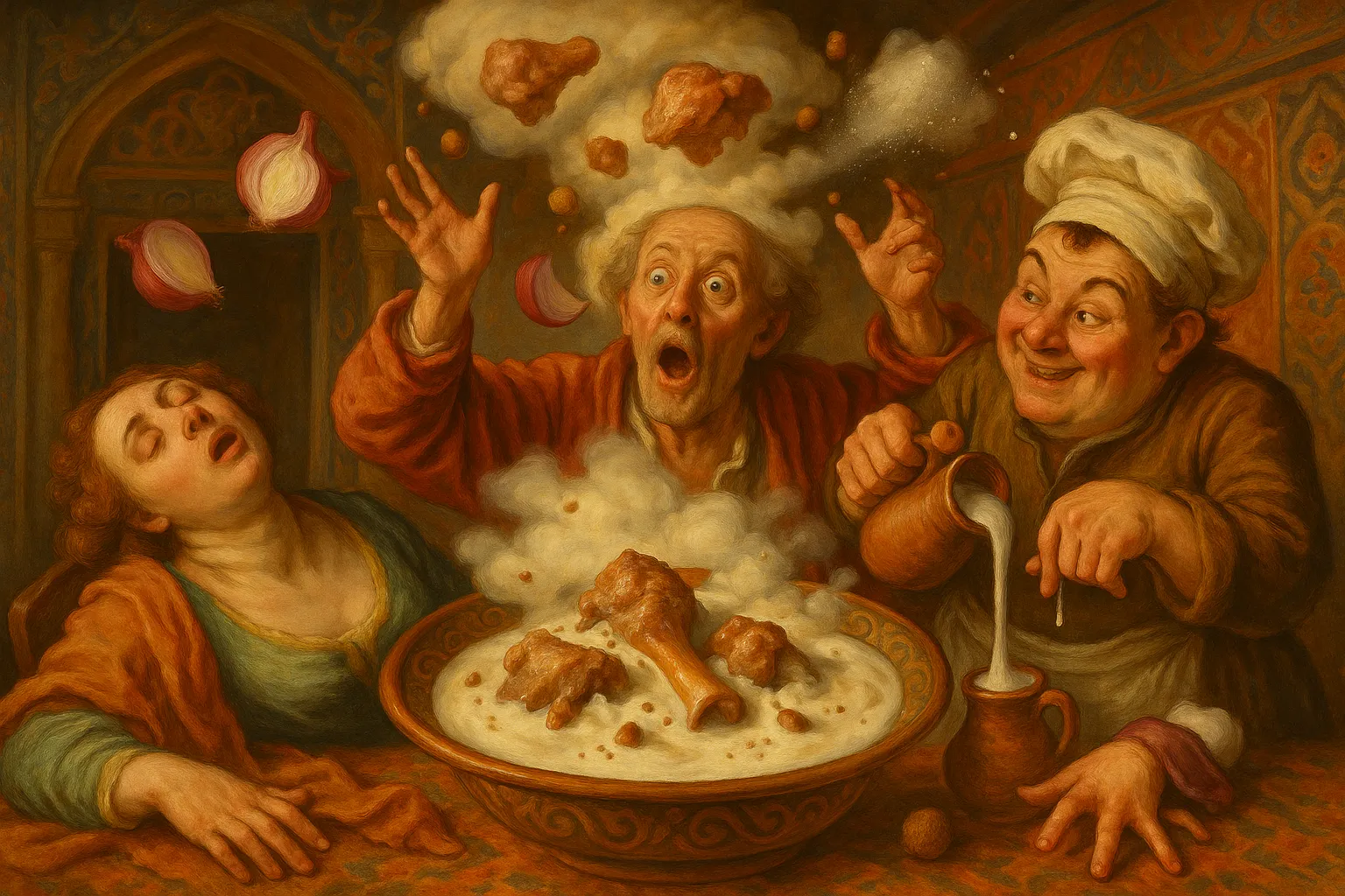 Composición final humorística de Syrian Lamb Shakriya con Lamb meat, Onion, Water, Plain yogurt, Cornstarch