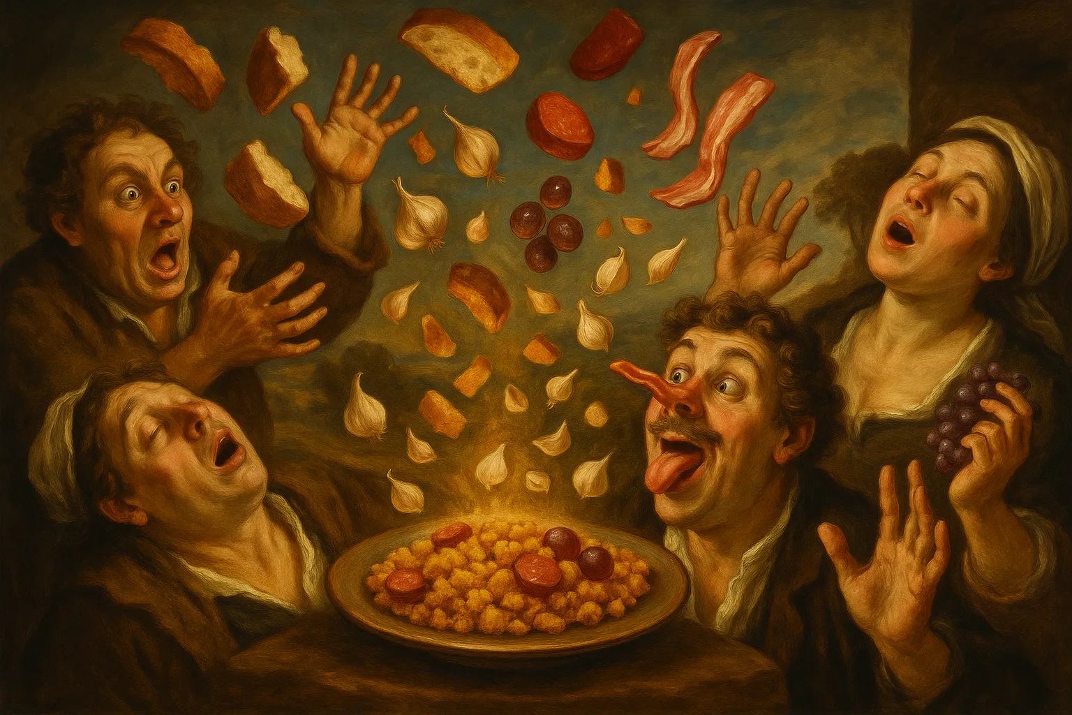 Composición final humorística de Traditional Extremaduran Migas con Day-old bread, Water, Salt, Garlic, Extra virgin olive oil