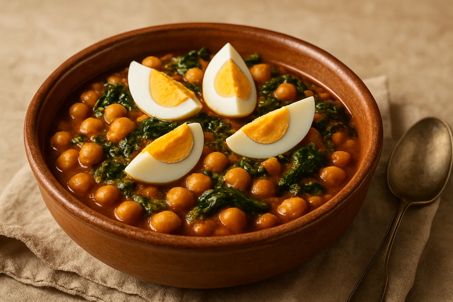 Finished and plated dish: Chickpeas with Spinach and Hard-Boiled Egg