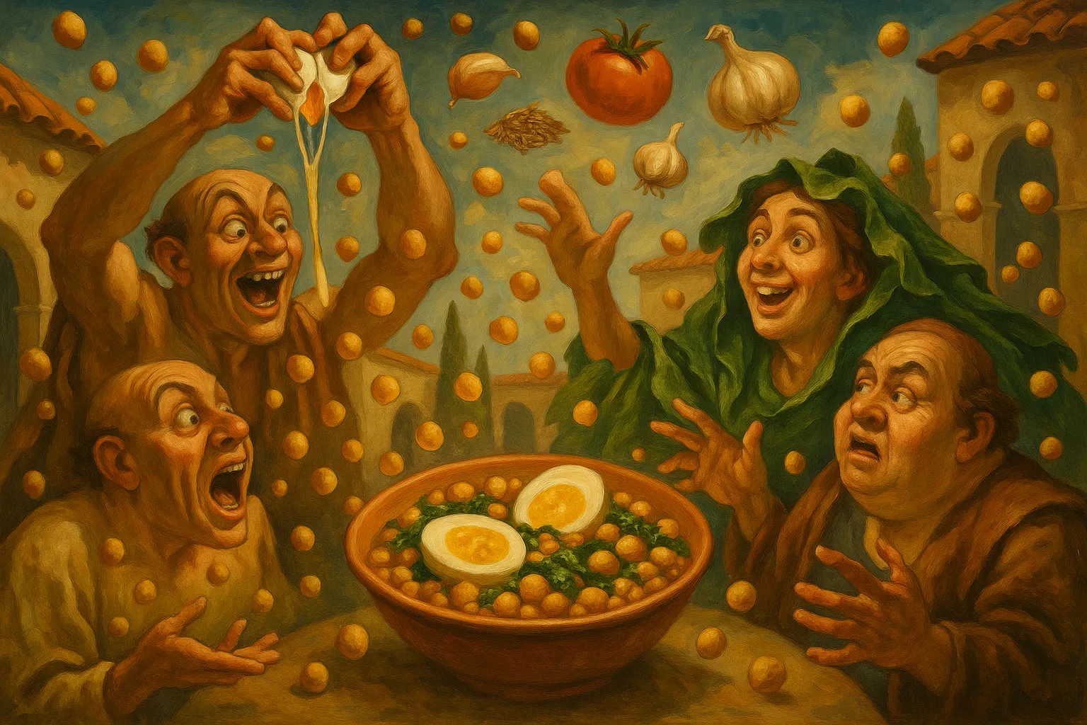 Composición final humorística de Chickpeas with Spinach and Hard-Boiled Egg con Onion, Garlic, Extra virgin olive oil, Sweet paprika, Ground cumin