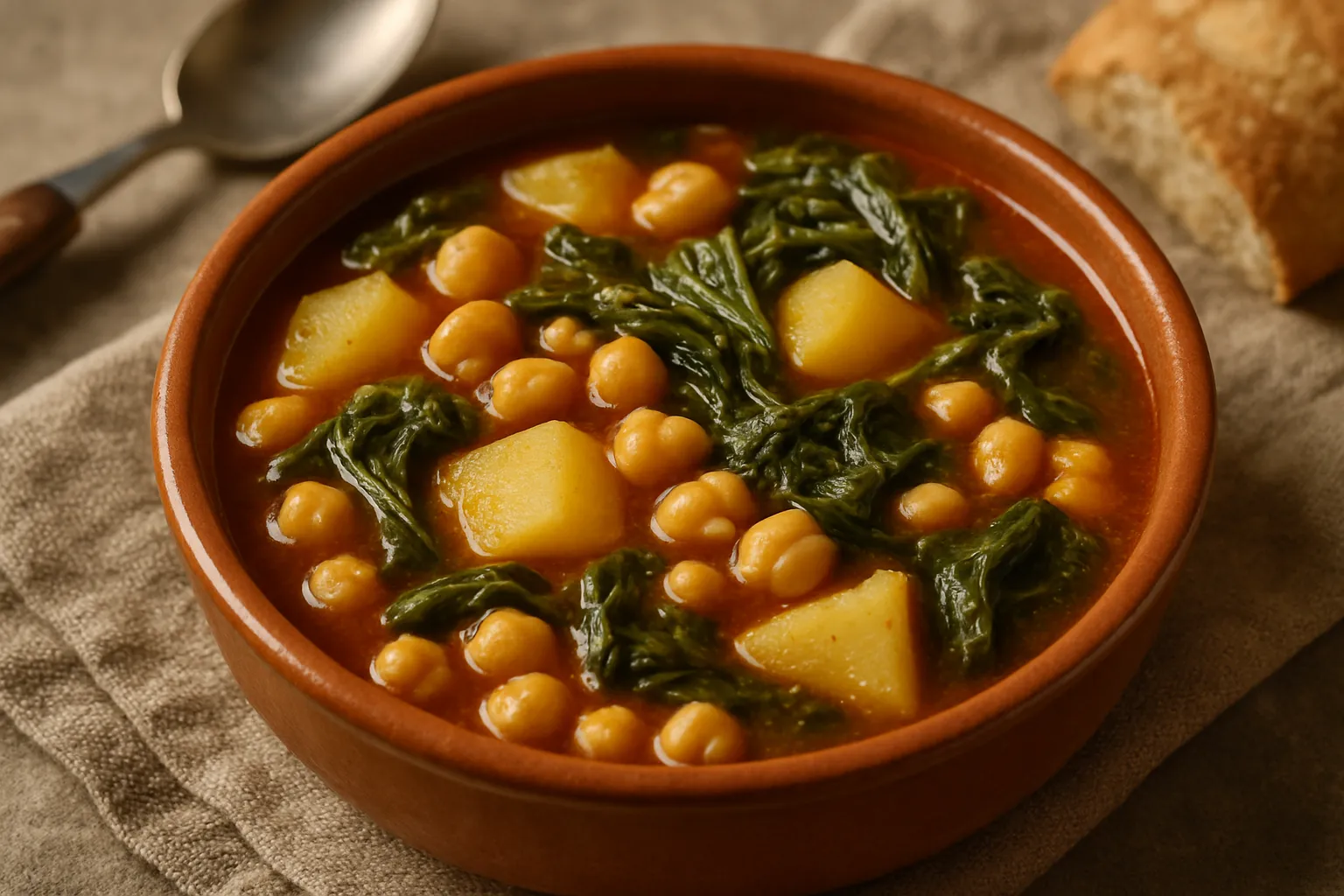 Finished and plated dish: Chard Stew with Potato and Chickpeas