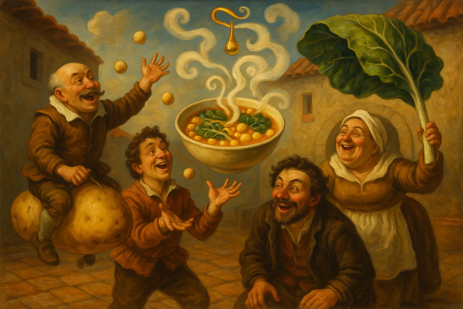 Composición final humorística de Chard Stew with Potato and Chickpeas con Fresh chard, Potatoes, Garlic, Onion, Extra virgin olive oil