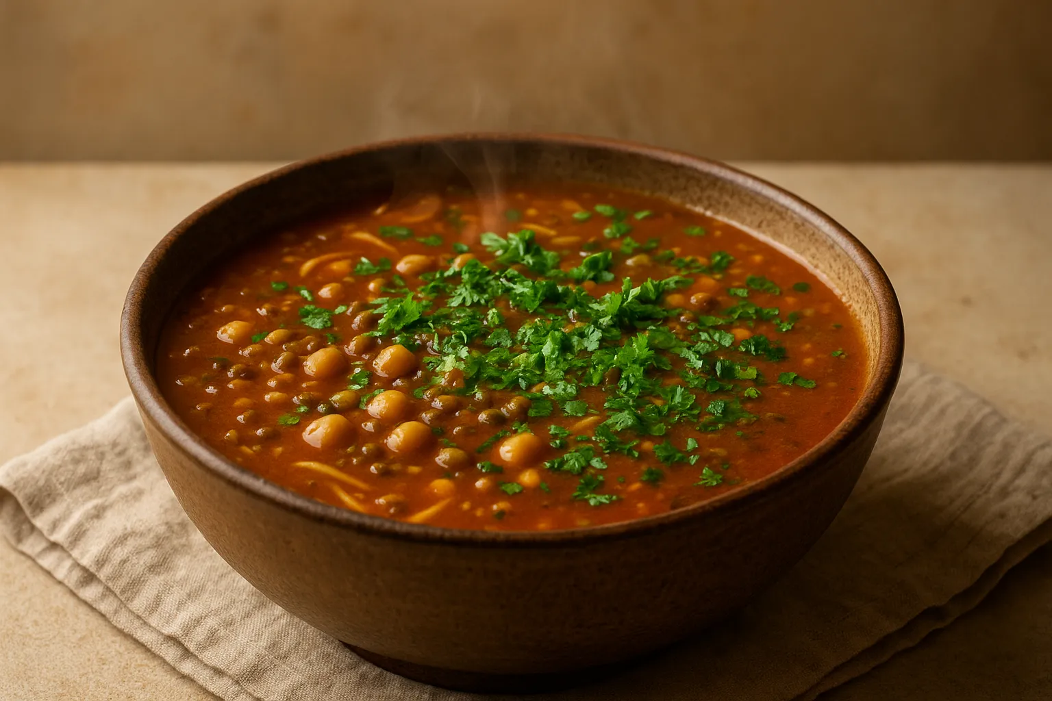 Finished and plated dish: Traditional Moroccan Harira