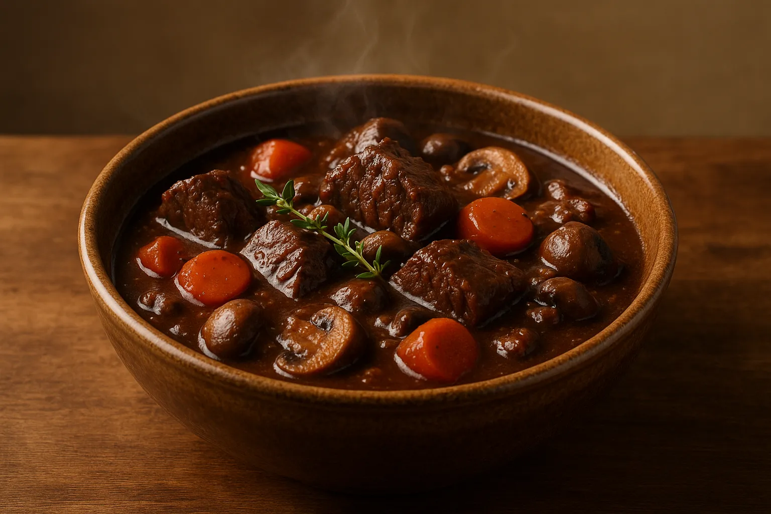 Finished and plated dish: Red Wine Beef Stew with Rustic Vegetables